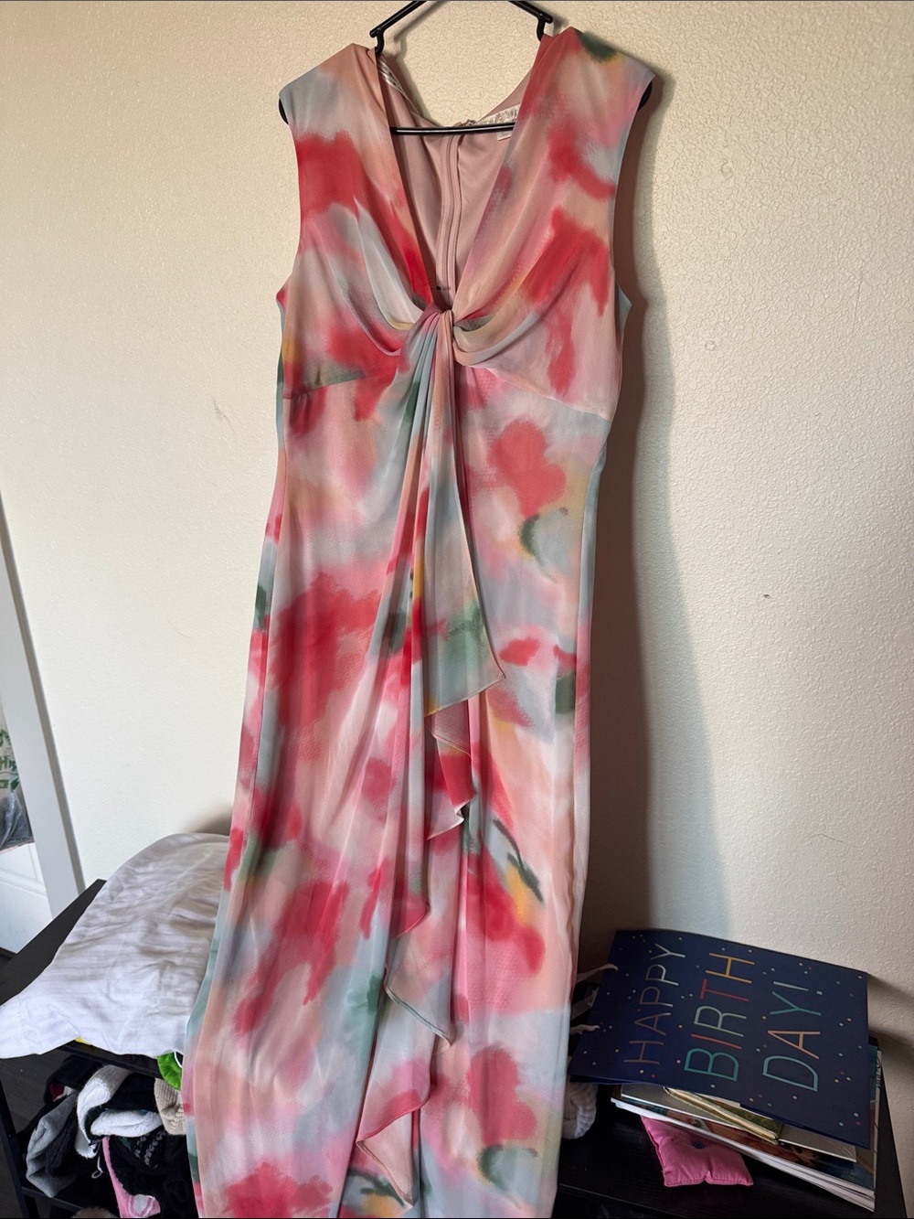 Boston Proper Watercolor Tie-Front Maxi Dress - Pink, Coral, Green